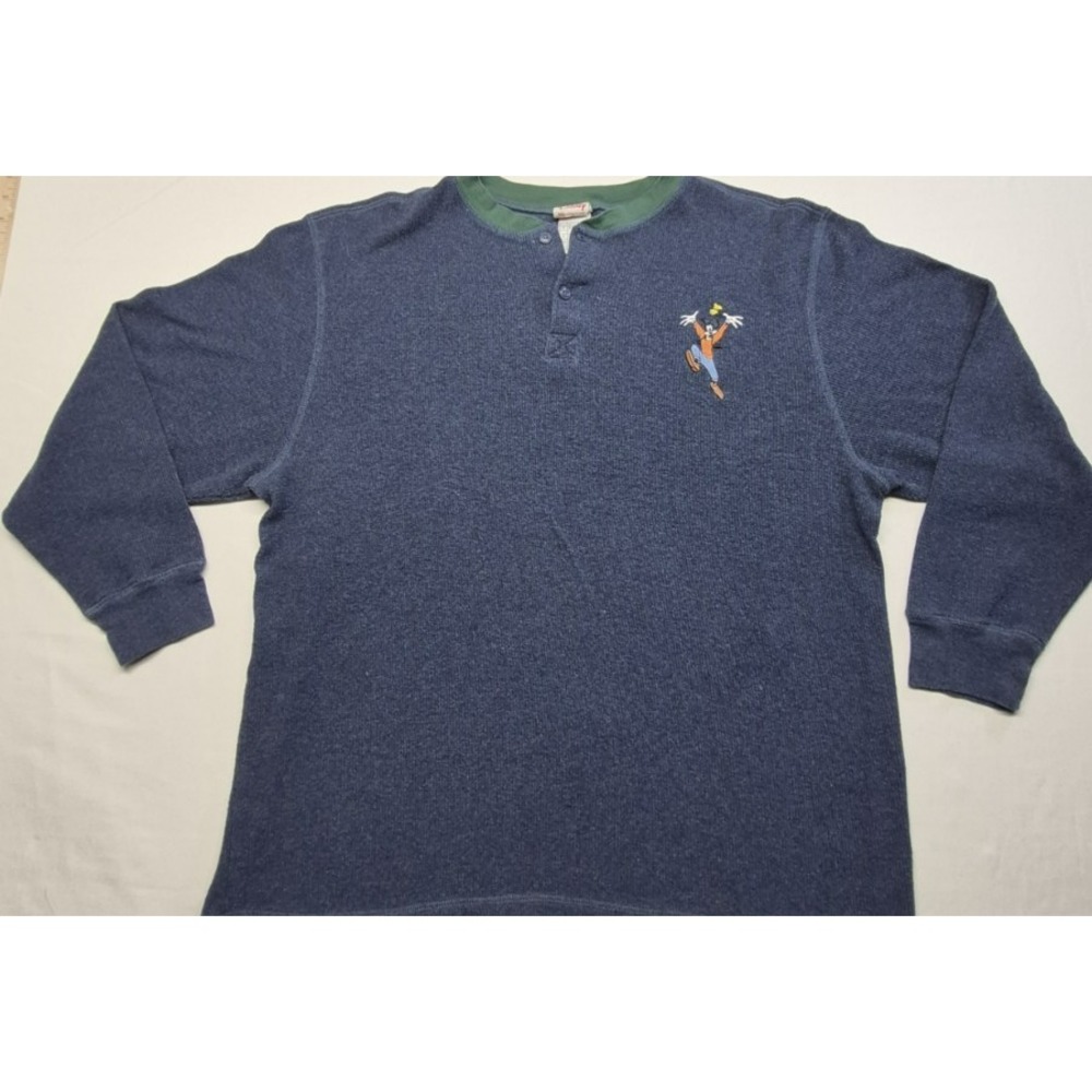 VTG Disney Store Goofy Waffle Knit Thermal Long Sleeve Navy‎ Henley Shirt L